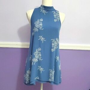 The Impeccable Pig Blue Embroidered Open Back Shift Mini Dress Boho Party XS